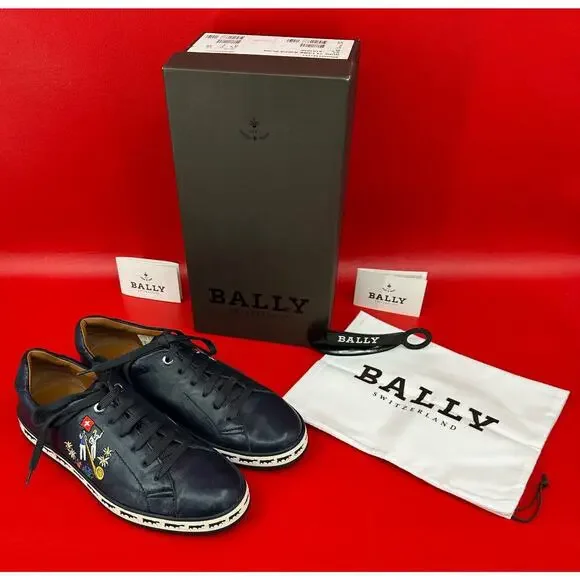 Bally Animal Anistern Navy Blue Leather Low Top Embroidered Sneakers Sz 6 1/2 D